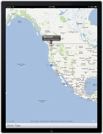 An example ipad iOS 5 MapKit app running with annotations