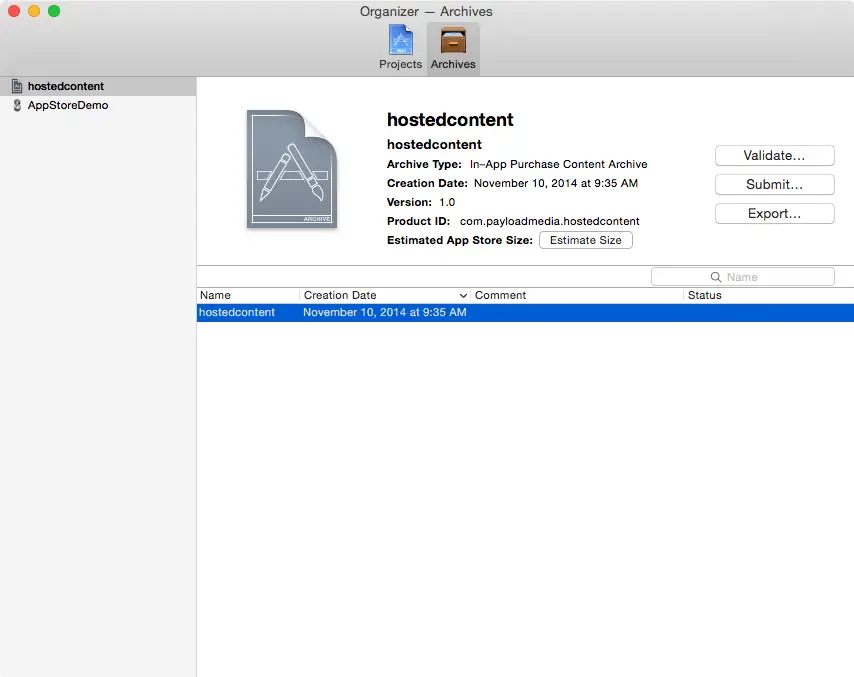 Xcode 6 organizer in app archive.png