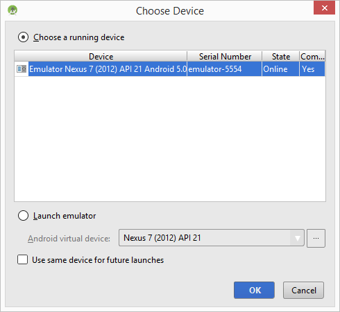 The Android Studio Device Chooser window