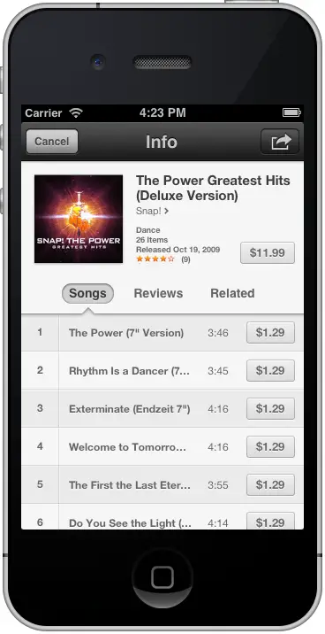 The SKStoreProductViewController view listing an iTunes Album for purchase