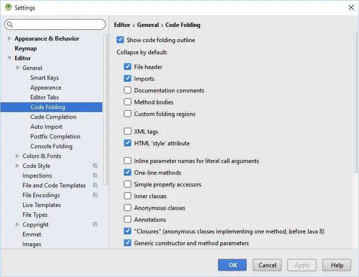 Android studio editor code folding settings 1.4.png