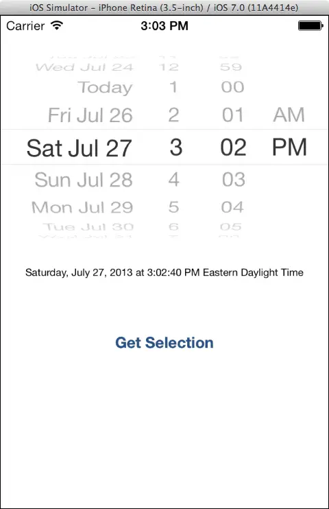 An iOS 7 UIDatePicker Example app running