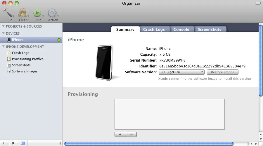 An iPhone selected for development in Xcode Organizer