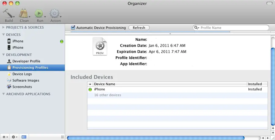 An iOS Provision Profile installed on an iPhone device