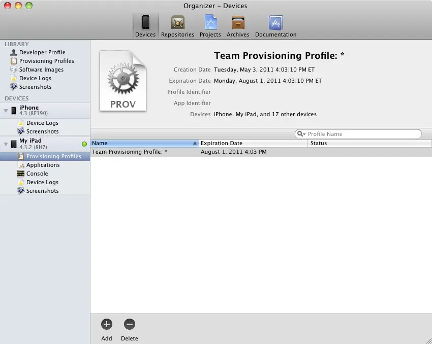 An iPad device in Xcode 4 provisioned to run test applications