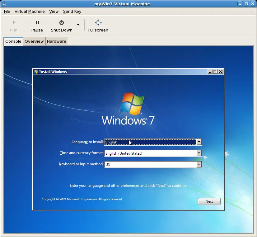 Windows 7 installing in a virt-install created KVM virtual machine