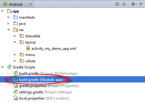 Selecting the module level build.grade file in Android Studio
