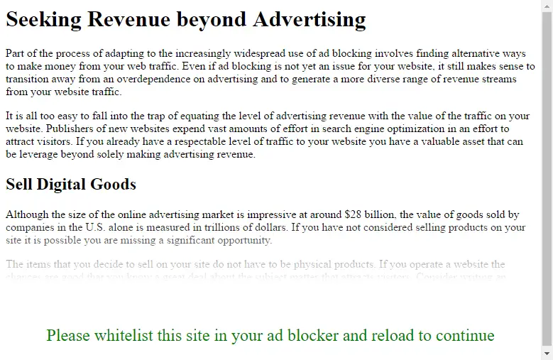 An example of truncated content with fadeout displayed to ad blocking visitor