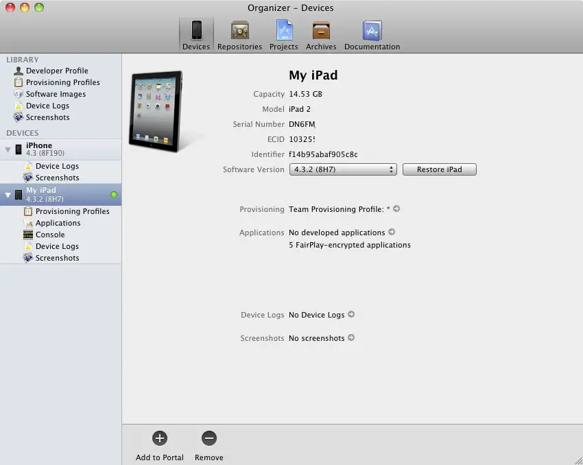 A fully provisioned iPad device displayed in the Xcode 4 Organizer window