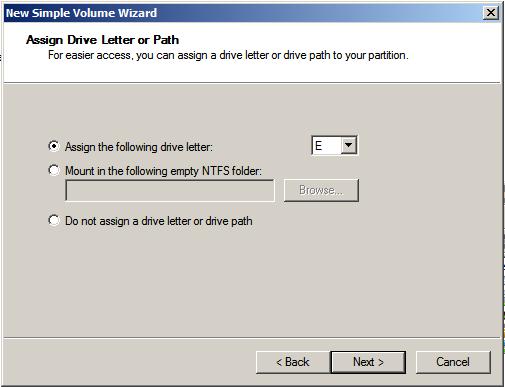 Assigning a drive letter or mount point to a new Windows Server 2008 r2 disk volume