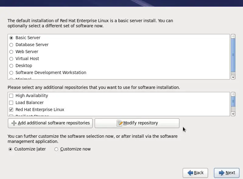 The RHEL 6 installation package selection screen