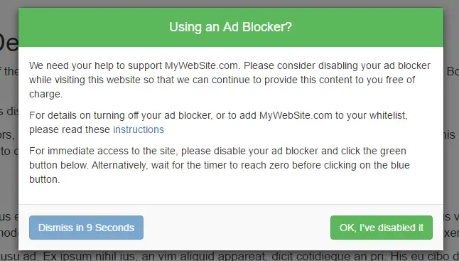 A delayed ad blocker removal request dialog