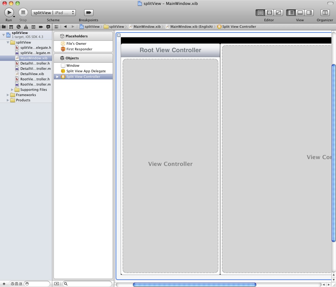 A split view implementation viewed in Xcode 4