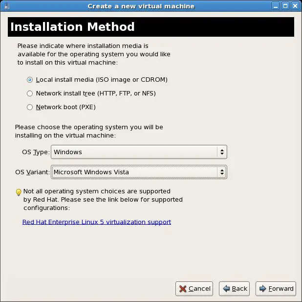 Selecting KVM guest OS installation method