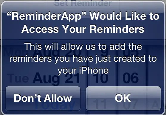 iOS 6 Reminders access permission request with custom message
