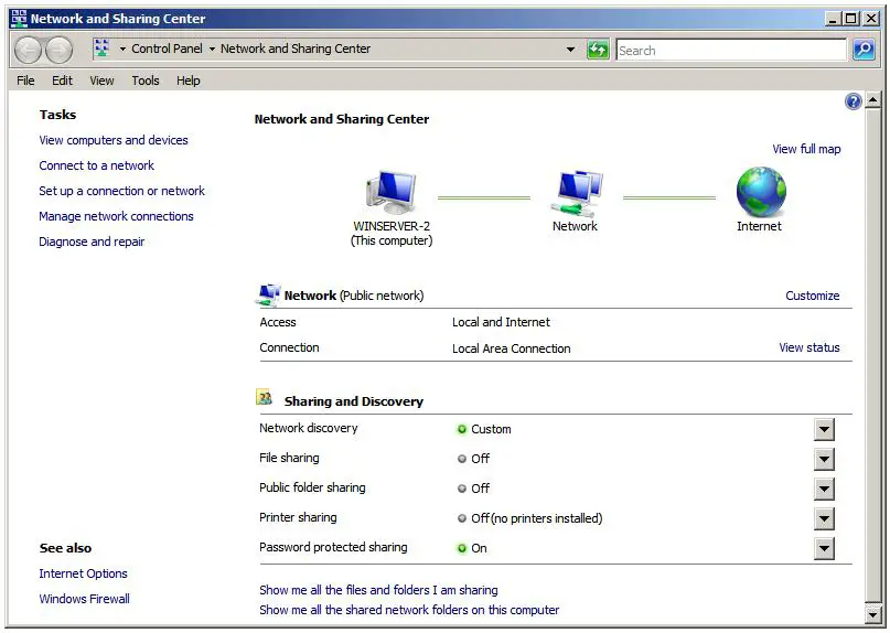 Windows Server 2008 Network and Sharing Center