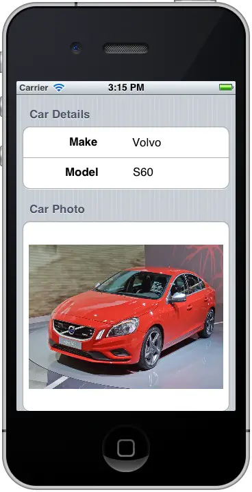 An example iOS 6 iPhone Storyboard static Table View App running