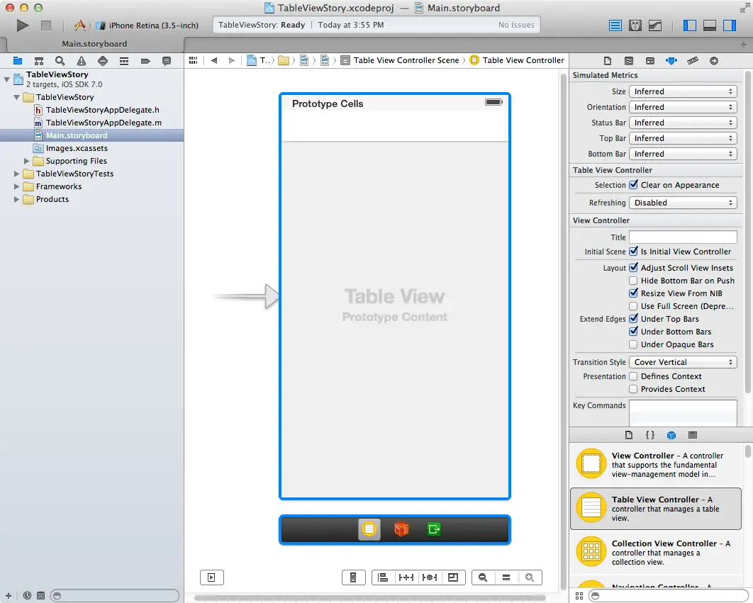 A TableView added to an Xcode 5 iOS 7 Storyboard file