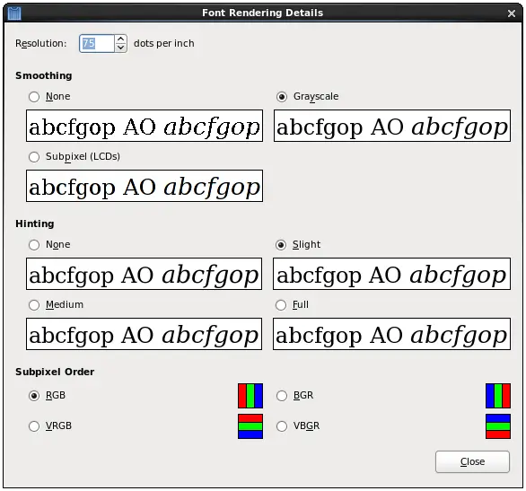 CentOS 6 Font Rendering Details dialog