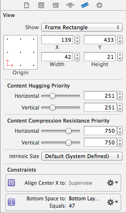 Auto Layout constraints for the selected view in the Utilities Size Inspector panel