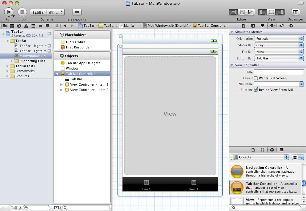 Xcode 4 with Tab Bar added to View
