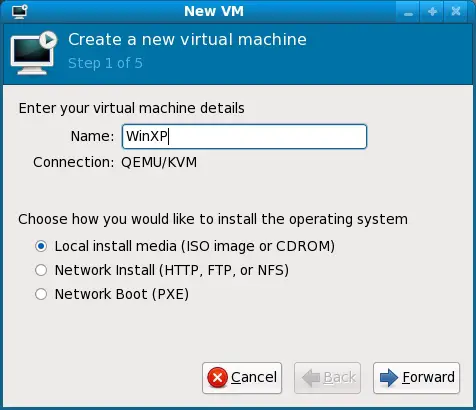 Setting the KVM VM name and installation media