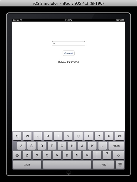 Example iPad app running in iOS ipad simulator