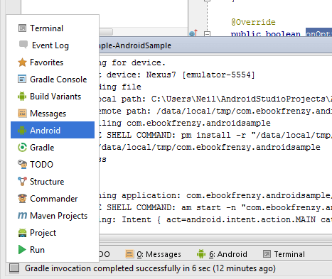 Launching the Android Studio Android tool window using the quick access menu