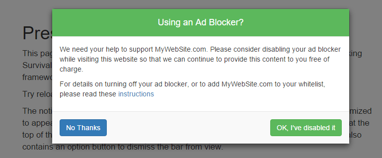 An Ad Blocker removal request dialog