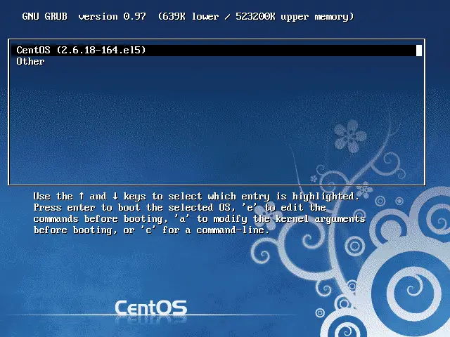 The CentOS boot screen providing options to boot either Windows or CentOS