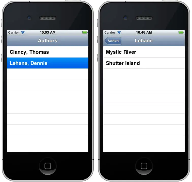 An iOS 4 iPhone application running with table view navigation implemented