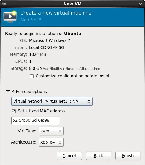 Selecting a virtual network for a CentOS 6 KVM guest