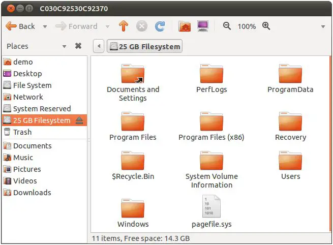 A Windows file system displayed in the Ubuntu 11.04 file manager