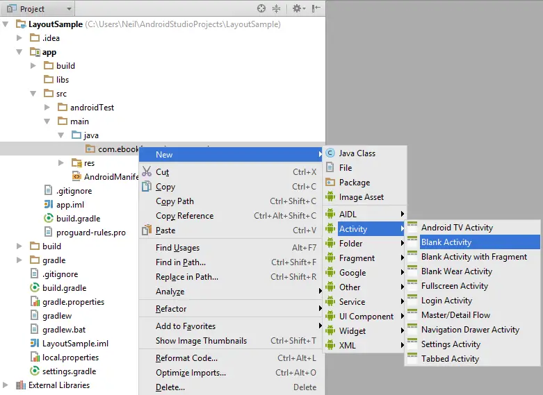 Adding a new Activity to an Android Studio project