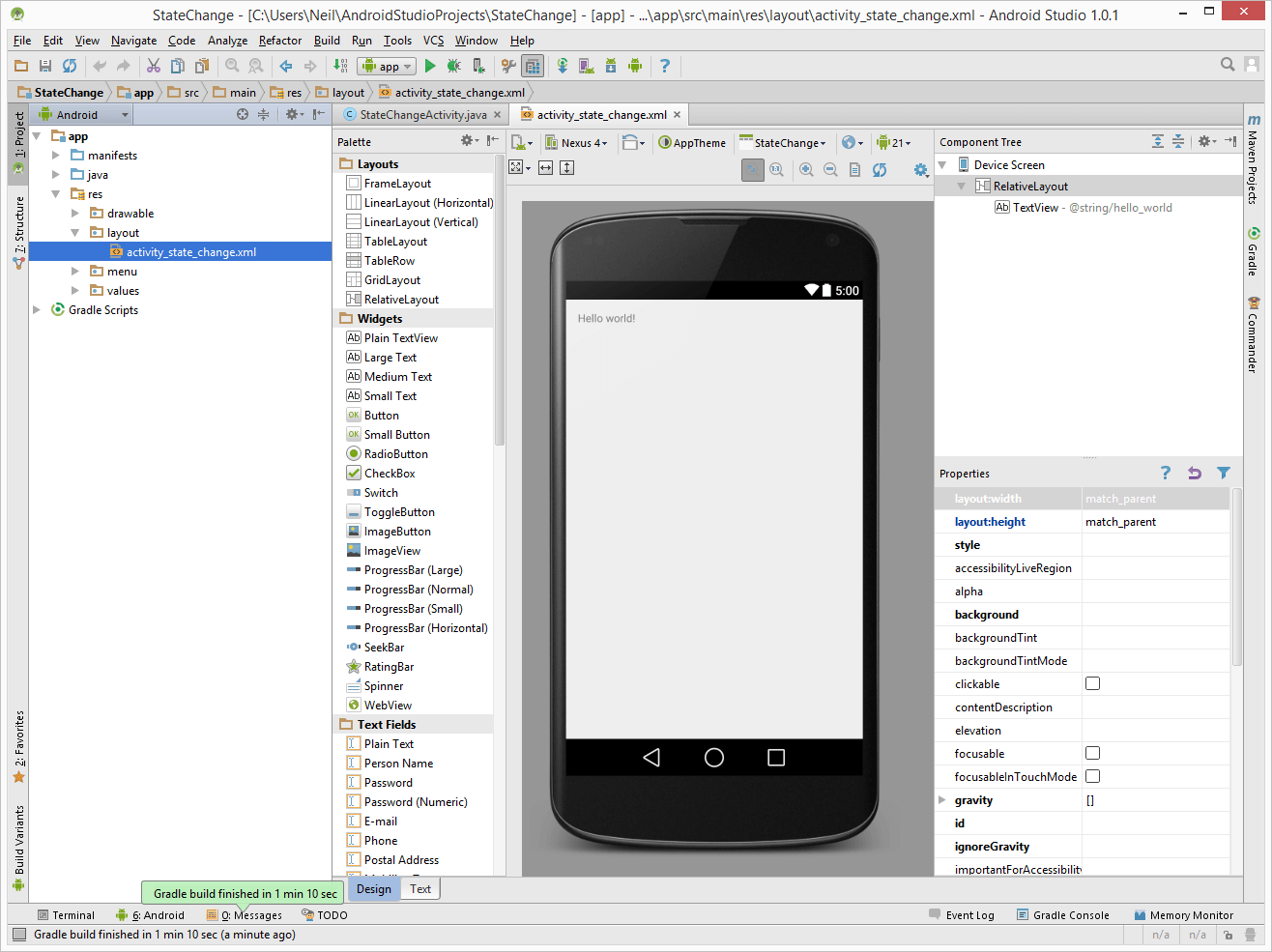 The layout file for an Android Activity loaded into Android Studio