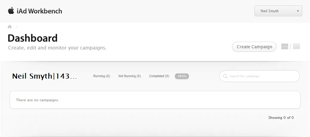The iAds Workbench dashboard