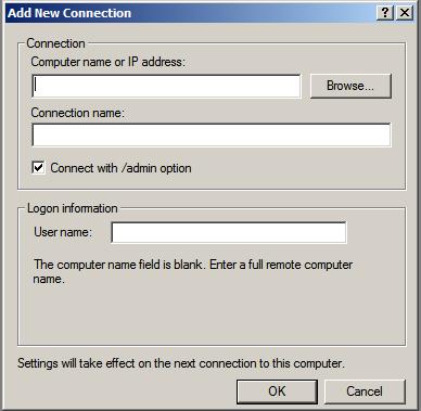 Adding a new connection to the Remote Desktops snap-in