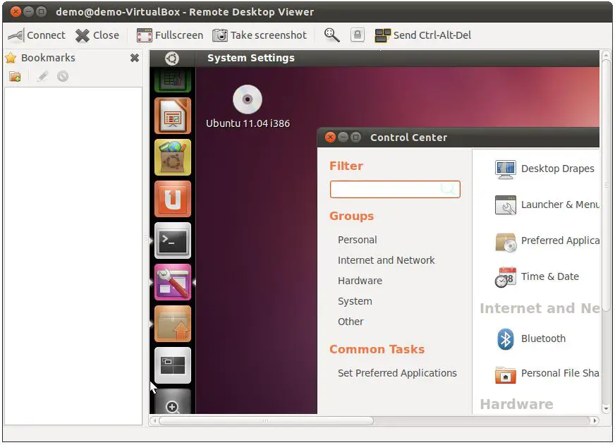 The Ubuntu 11.04 Unity Desktop displayed remotely using VNC and vinagre