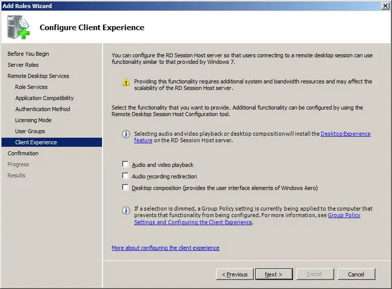 Configuring the Windows Server 2008 R2 Remote Desktop User Experience
