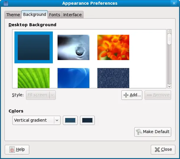 Fedora Desktop background preferences dialog