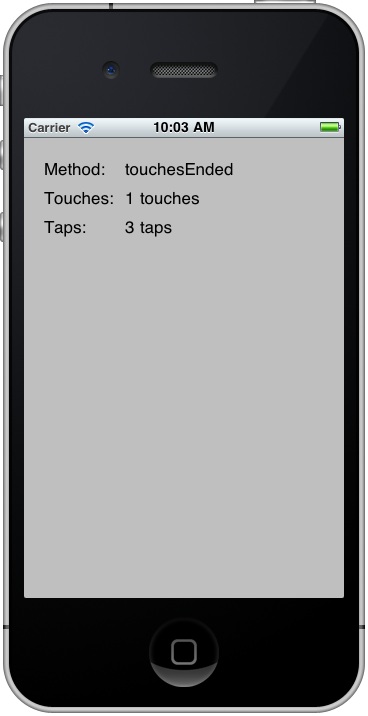 An example iOS 4 iPhone multi-touch and tap application running