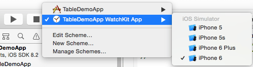 Selecting a WatchKit app run target