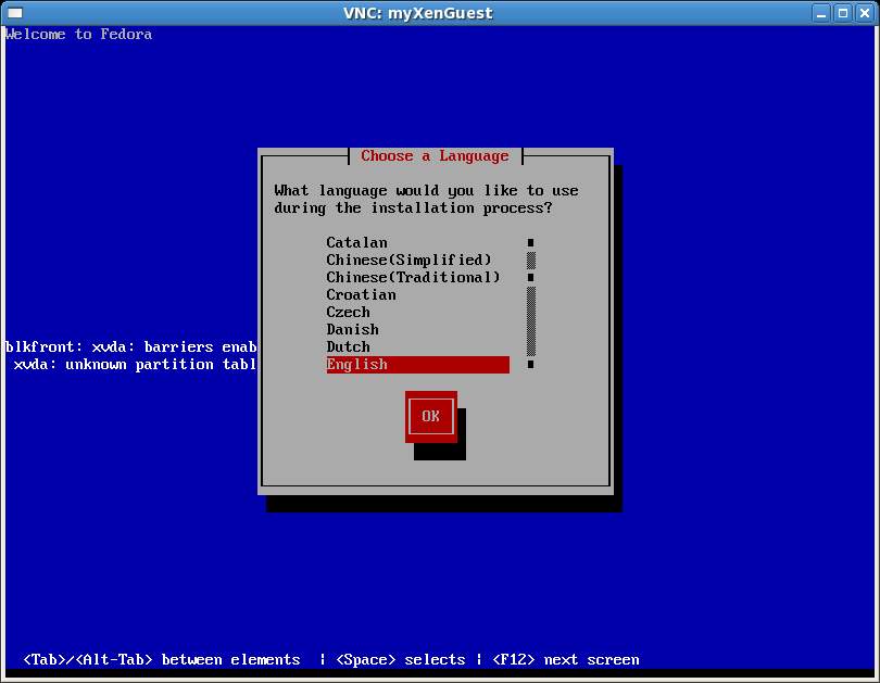 Xen Guest Fedora Installer running in VNC window