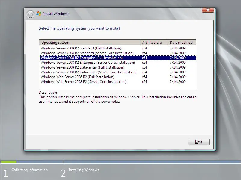 Windows Server 2008 R2 Edition Selection