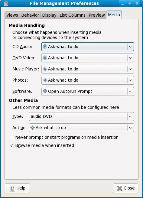 Configuring Fedora File Manager media settings
