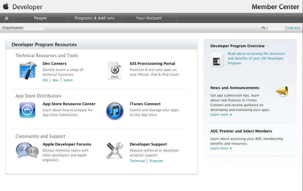 The iOS Developer Member Center web page