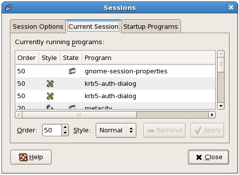 The CentOS desktop Current Sessions configuration screen