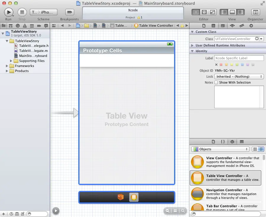 An Xcode storyboard containing a table view controller