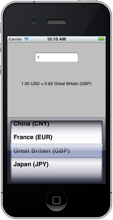 An example iOS 5 iPhone UIPickerView application running