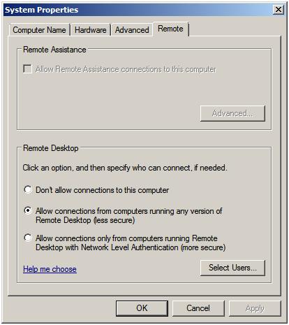 The Windows Server 2008 R2 Remote Desktop Properties Dialog